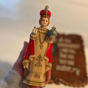Vintage Infant Of Prague Statue & Holy Water Font